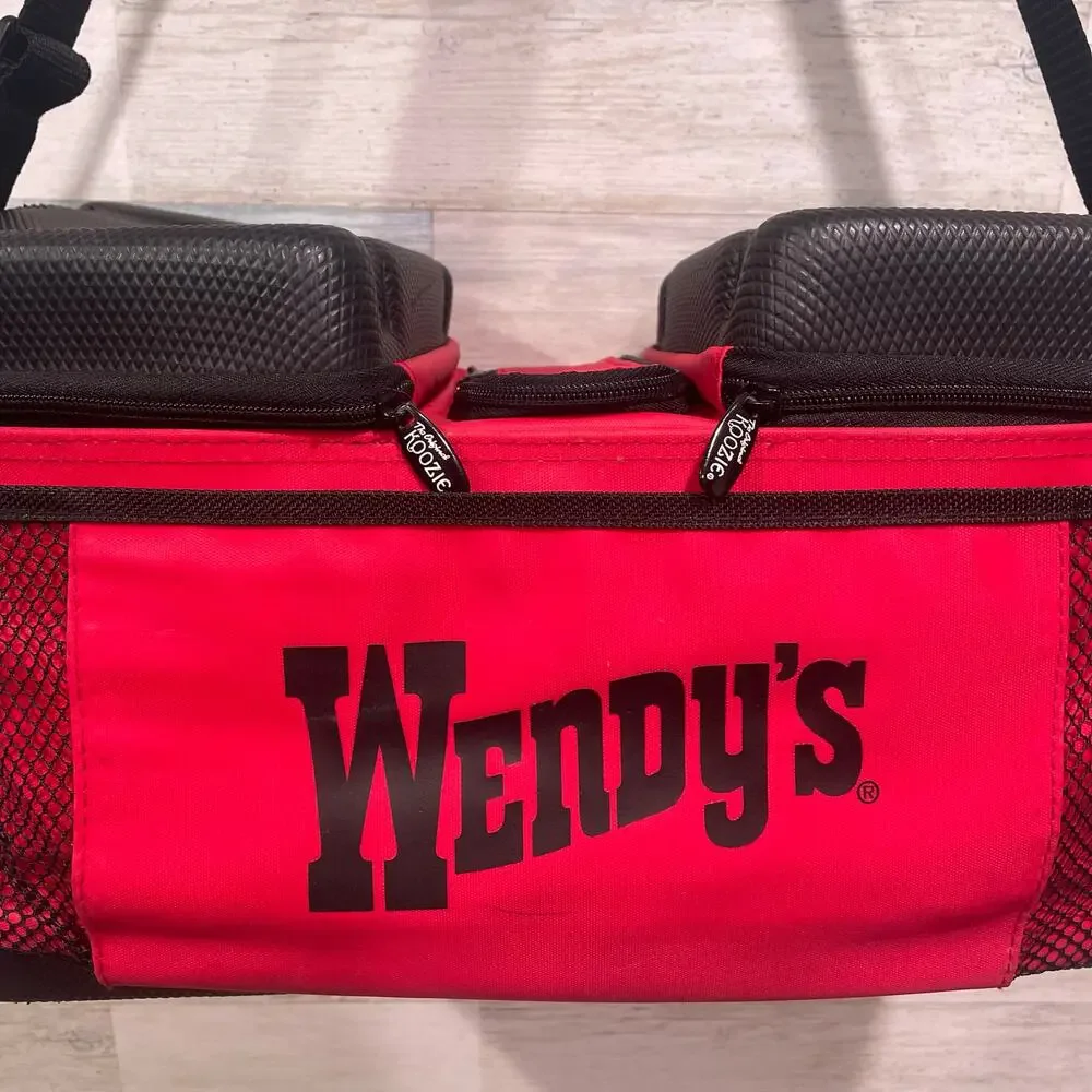 Wendy's Restaurant Koozie Red Black Cooler Bag Insulated Cans Beer